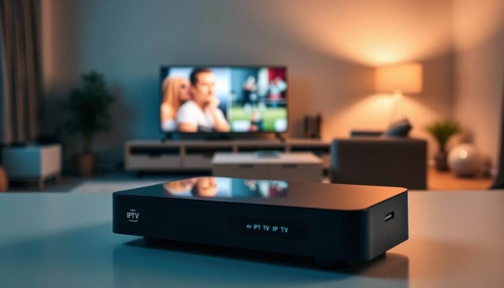 A sleek, modern IPTV set-top box prominently displayed in the foreground, showcasing the user-friendly interface and seamless integration with a wide range of channels and on-demand content. In the middle ground, a cozy living room scene with a comfortable couch and a large, high-definition television screen, reflecting the crisp, vibrant visuals of the IPTV service. The background softly fades into a warm, inviting atmosphere, conveying a sense of home entertainment and relaxation. The lighting is slightly dimmed, creating a cozy and immersive ambiance, while the camera angle is positioned to capture the overall scene in a visually appealing and balanced composition.