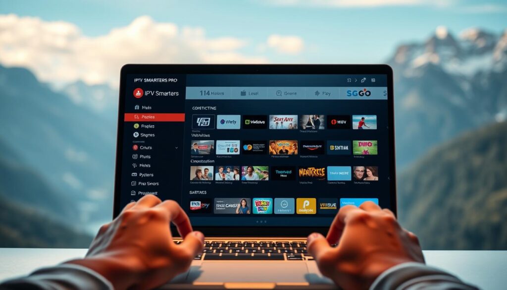 A sleek, modern laptop screen displaying the IPTV Smarters Pro interface, set against a backdrop of the Swiss Alps. The user's hands are visible, gently navigating the intuitive menu system as they configure their IPTV subscription. Soft, diffused lighting illuminates the scene, creating a sense of focus and clarity. The interface showcases the wide range of channels and content available, hinting at the entertainment possibilities. The overall mood is one of seamless integration, highlighting the ease of setting up IPTV Smarters Pro for a Swiss audience. A sleek, modern laptop screen displaying the IPTV Smarters Pro interface, set against a backdrop of the Swiss Alps. The user's hands are visible, gently navigating the intuitive menu system as they configure their IPTV subscription. Soft, diffused lighting illuminates the scene, creating a sense of focus and clarity. The interface showcases the wide range of channels and content available, hinting at the entertainment possibilities. The overall mood is one of seamless integration, highlighting the ease of setting up IPTV Smarters Pro for a Swiss audience.