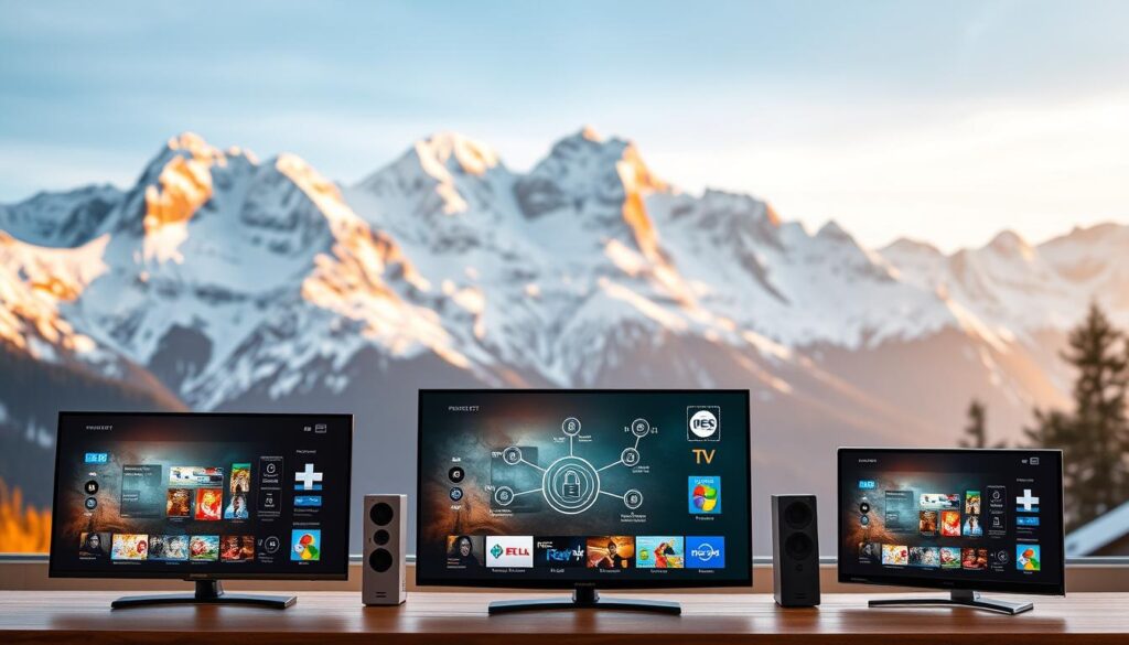 A well-designed Swiss IPTV service provider against a backdrop of snow-capped Alps, with modern technologies and infrastructure seamlessly integrated. The foreground showcases the provider's sleek, user-friendly interface on a range of devices, highlighting the convenience and reliability of their platform. The middle ground features a network diagram illustrating the secure and high-performance delivery of content, while the background captures the stunning natural beauty of the Swiss landscape, conveying a sense of quality, trustworthiness, and the country's reputation for excellence. The lighting is soft and warm, creating a welcoming and premium atmosphere.
